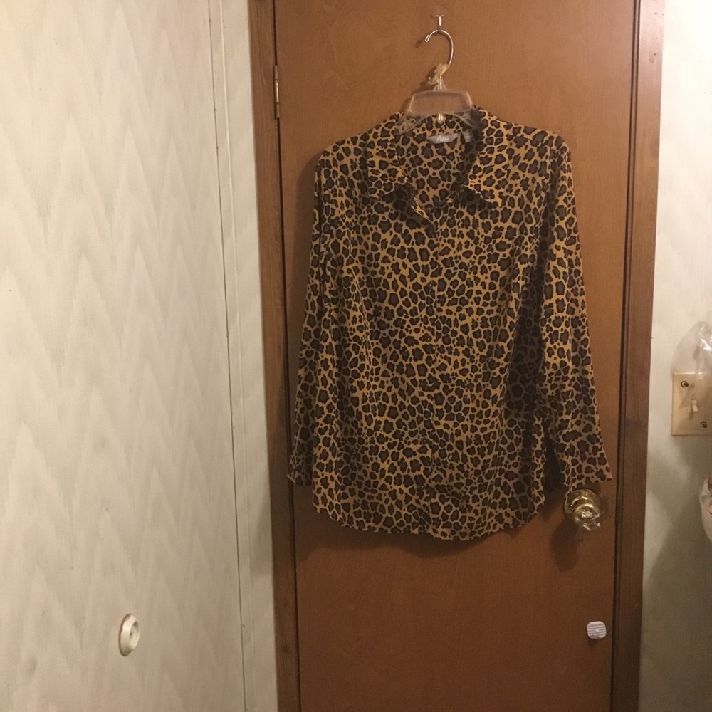 Leopard Print Long-Sleeve Button Front Blouse - Brown 16W